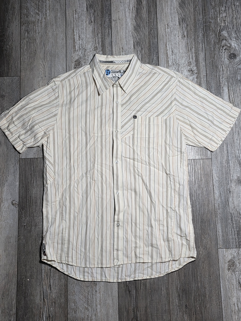 Quiksilver Y2K RARE Back Crest Striped Button-down Short Sleeve Shirt Sz Lg READ